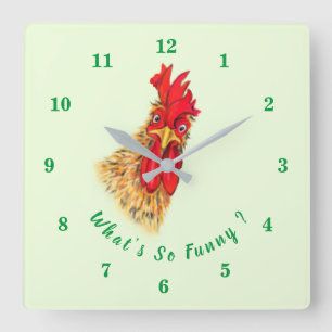 Funny Surprised Curious Rooster - Custom Text Quadratische Wanduhr