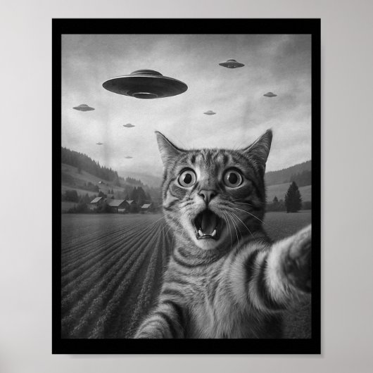 Funny Surprised Ed Cat Selfie With Alien Ufo Cat U Poster (Vorne)