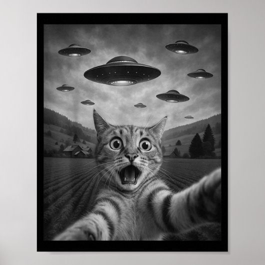Funny Surprised Ed Cat Selfie With Alien Ufo Cat U Poster (Vorne)