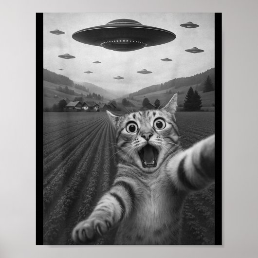 Funny Surprised Ed Cat Selfie With Alien Ufo Cat U Poster (Vorne)