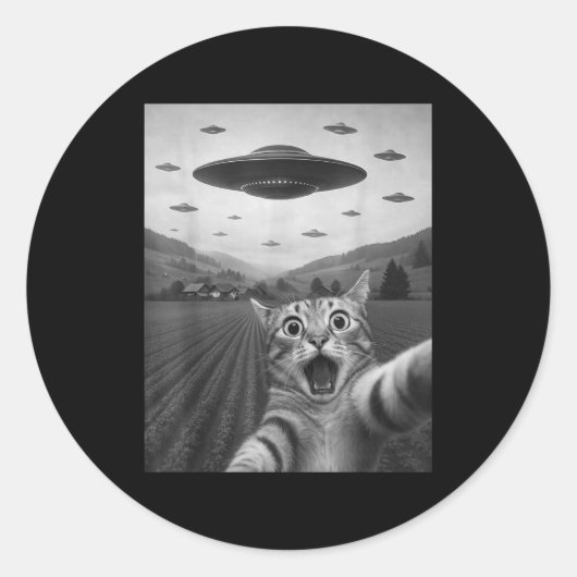 Funny Surprised Ed Cat Selfie With Alien Ufo Cat U Runder Aufkleber (Vorderseite)