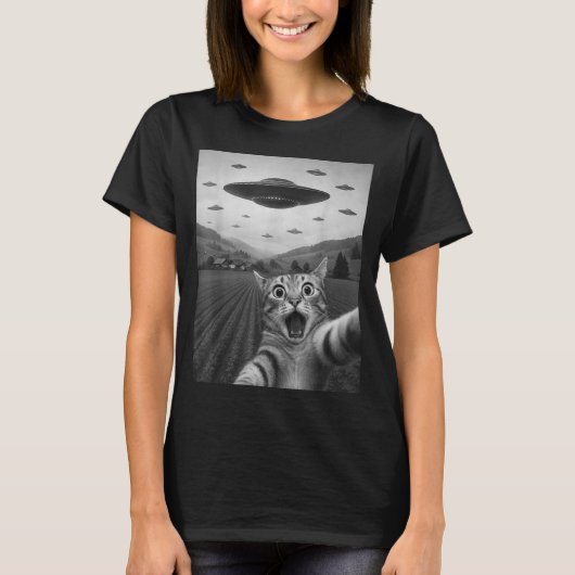 Funny Surprised Ed Cat Selfie With Alien Ufo Cat U T-Shirt (Vorderseite)