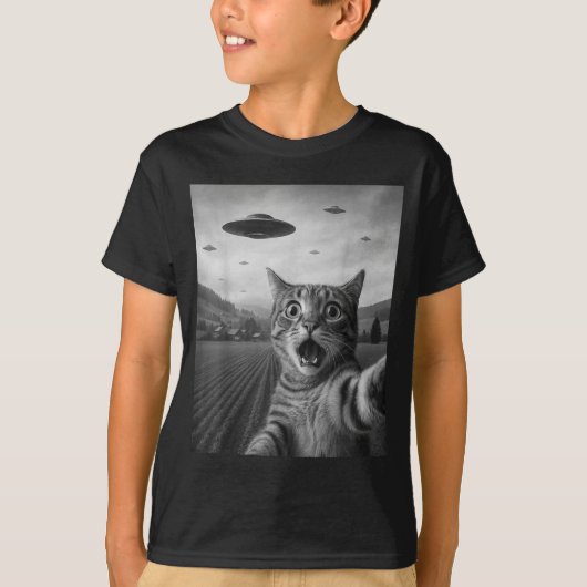 Funny Surprised Ed Cat Selfie With Alien Ufo Cat U T-Shirt (Vorderseite)
