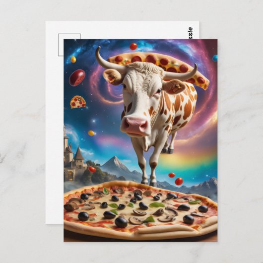 Funny Surreal Pizza Kuh farbenfrohe Collage Postkarte (Vorne/Hinten)