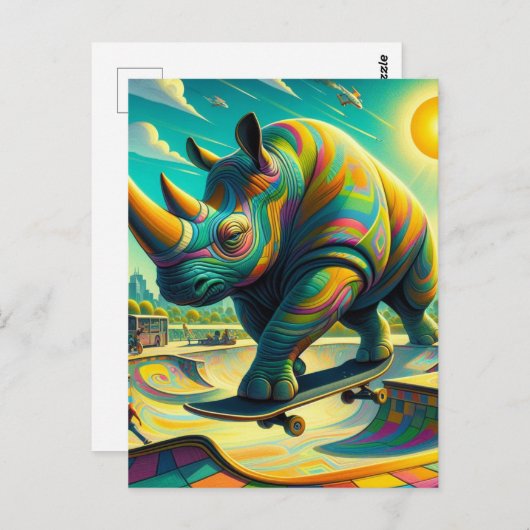 Funny Surreal Rhino Skateboarding Postkarte (Vorne/Hinten)
