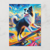 Funny Surreal Skateboarding Border Collie Postkarte (Vorderseite)