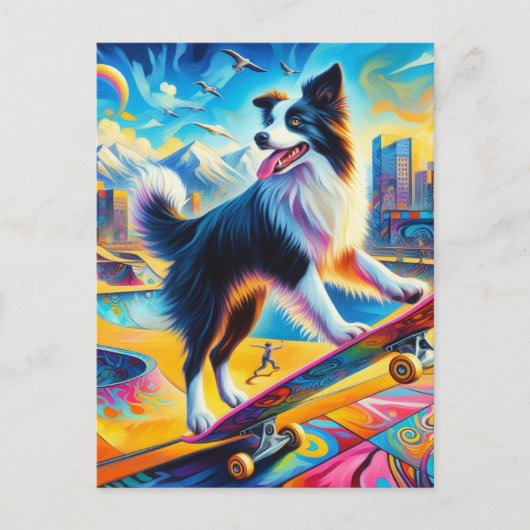 Funny Surreal Skateboarding Border Collie Postkarte (Vorderseite)