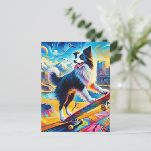 Funny Surreal Skateboarding Border Collie Postkarte (Stehend Vorderseite)
