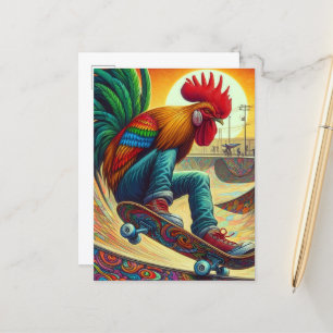 Funny Surreal Skateboarding Rooster Postkarte