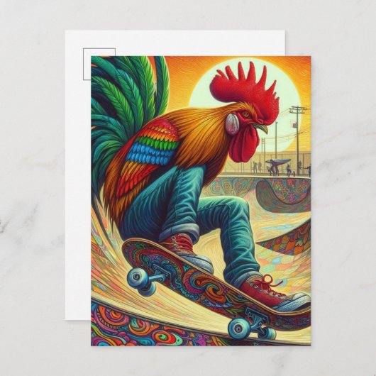Funny Surreal Skateboarding Rooster Postkarte (Vorne/Hinten)