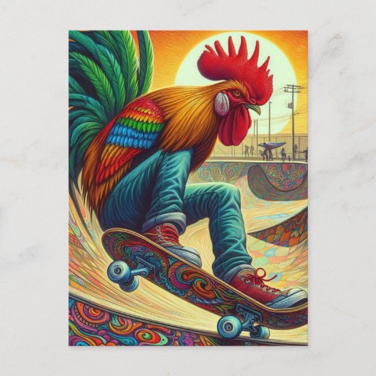 Funny Surreal Skateboarding Rooster Postkarte (Vorderseite)