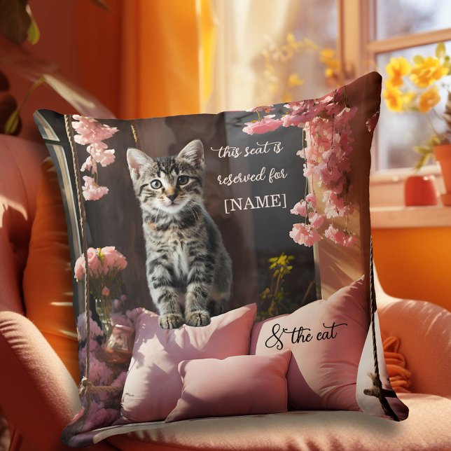 Funny Sweet Kitten Pink Kissen (A funny romantic pillow featuring a kitty on a pink swing bench with flowers - Valentine's Day)