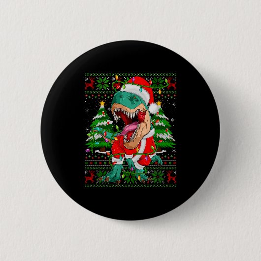 Funny T-rex Dinosaur Christmas Lights Ugly Xmas Sw Button (Vorderseite)
