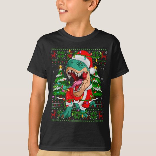 Funny T-rex Dinosaur Christmas Lights Ugly Xmas Sw T-Shirt (Vorderseite)