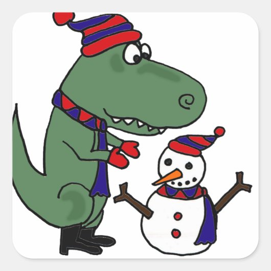 Funny T-Rex Dinosaur Gebäude Snowman Quadratischer Aufkleber (Vorderseite)