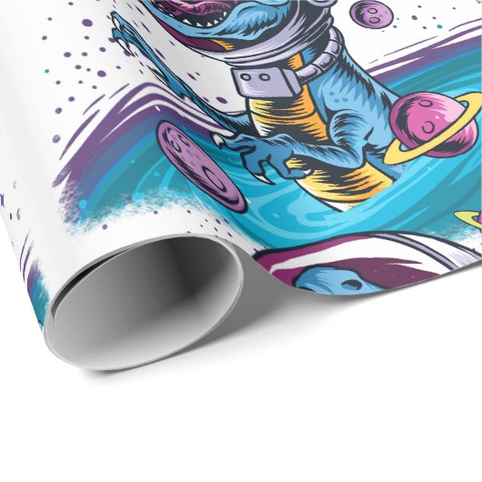 Funny T-Rex Dinosaur im Weltraum Geschenkpapier (Rolleneckpunkt)