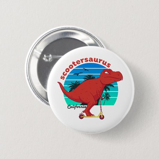 Funny T-Rex Dinosaur Riding Scooter Scootersaurus Button (Vorne & Hinten)