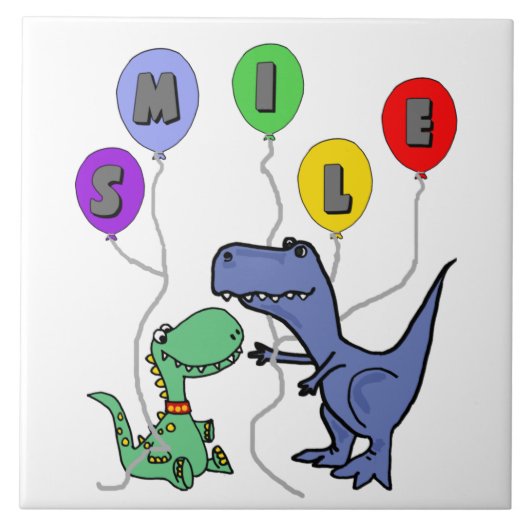 Funny T-rex Dinosaurier mit Lächelballons Fliese (Vorderseite)