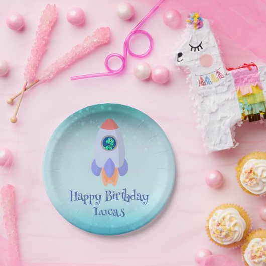 Funny T-rex Dinosaurier Rakete Kind Schulkind Gebu Pappteller (Party)