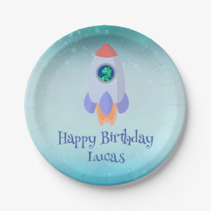 Funny T-rex Dinosaurier Rakete Kind Schulkind Gebu Pappteller