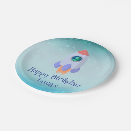 Funny T-rex Dinosaurier Rakete Kind Schulkind Gebu Pappteller (Schrägansicht)