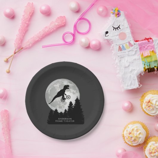 Funny T-Rex Fliegen auf dem Fahrrad und Vollmond Pappteller (Party)