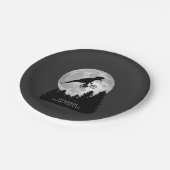 Funny T-Rex Fliegen auf dem Fahrrad und Vollmond Pappteller (Schrägansicht)