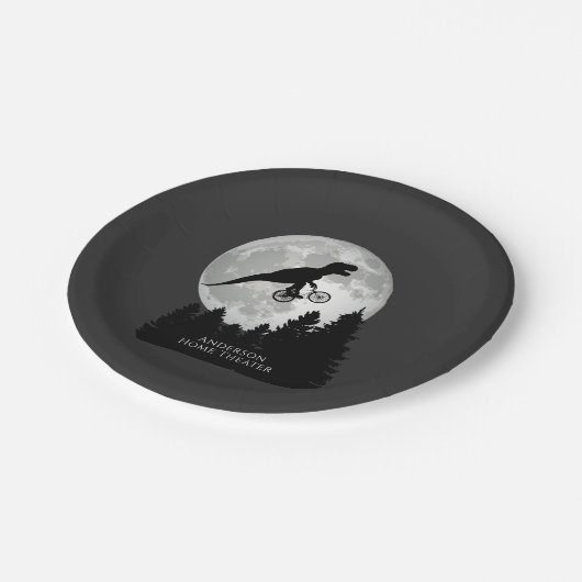 Funny T-Rex Fliegen auf dem Fahrrad und Vollmond Pappteller (Schrägansicht)