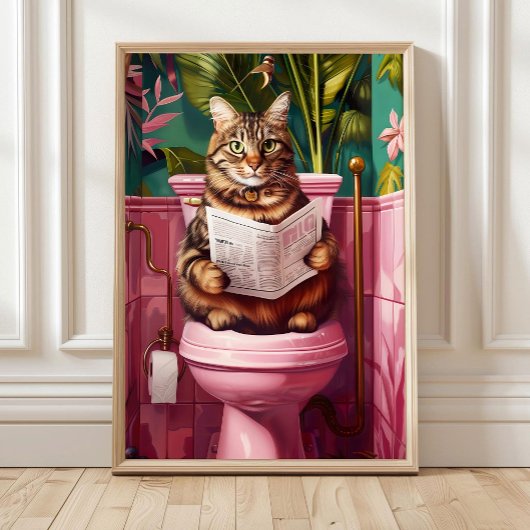 Funny Tabby Cat Bathroom Print Quirky Cat Toilet Poster