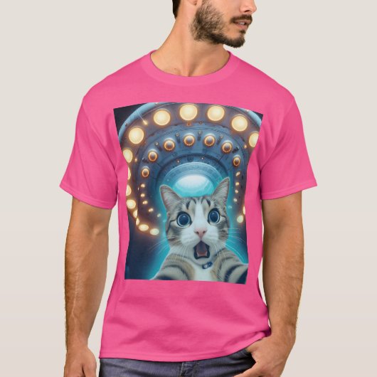 Funny Tabby Cat Selfie mit Ufos Alien Flying Sauc T-Shirt (Vorderseite)