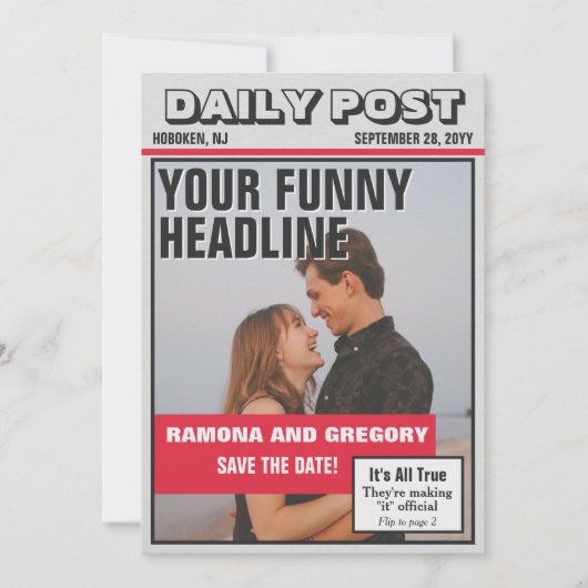 Funny Tabloid Newspapier Wedding Save the Date (Vorderseite)
