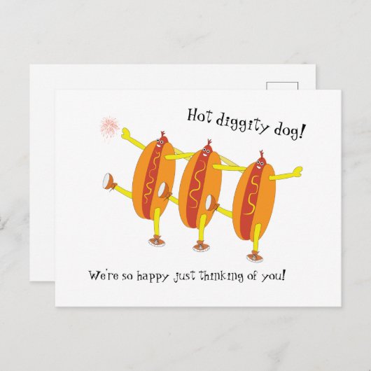 Funny tanzende Hot dogs feiern Liebe. Postkarte (Vorne/Hinten)