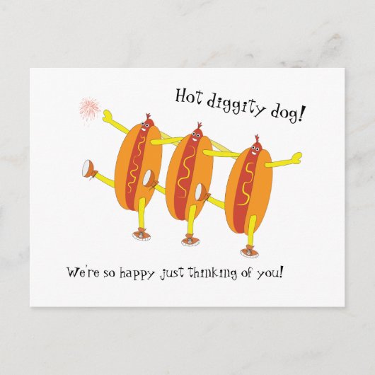 Funny tanzende Hot dogs feiern Liebe. Postkarte (Vorderseite)
