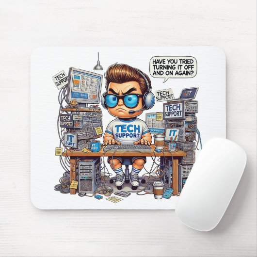 Funny Tech Support Cartoon Mousepad (Mit Mouse)