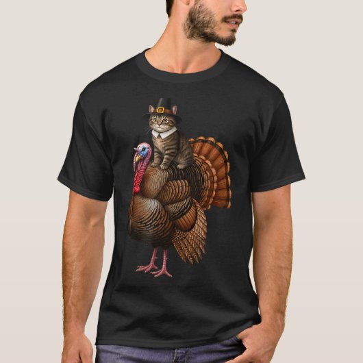 Funny Thanksgiving Cat On Turkey, Lgrim Hat Turkey T-Shirt (Vorderseite)