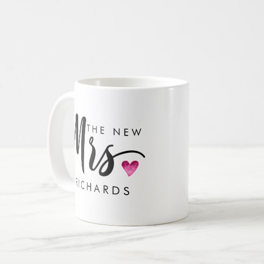 Funny THE NEW MRS Typografie rosa Aquarellherz Kaffeetasse (Vorderseite Links)