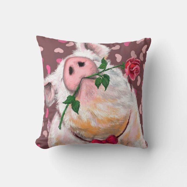 Funny Throw Kissen Gentleman Pig mit Rose (Vorderseite)