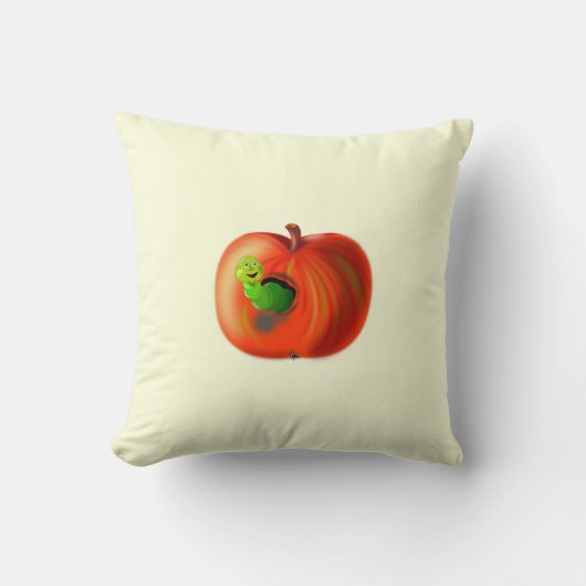 Funny Throw Kissen mit Happy Worm in Red Apple (Vorderseite)