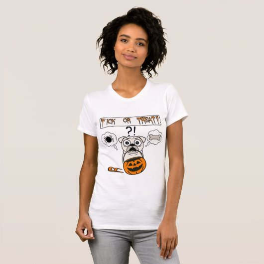 Funny Tick oder Leckerei Mops Halloween T-Shirt (Vorne ganz)