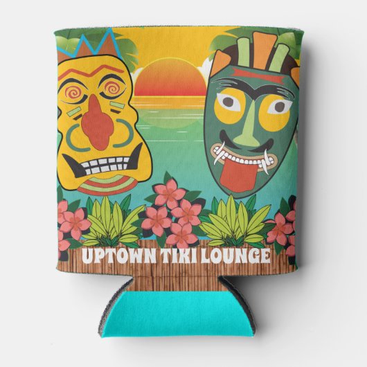 Funny Tiki Faces mit tropischem Sonnenuntergang un Dosenkühler (Vorderseite)
