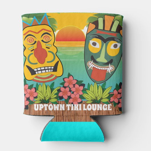 Funny Tiki Faces mit tropischem Sonnenuntergang un Dosenkühler (Rückseite)