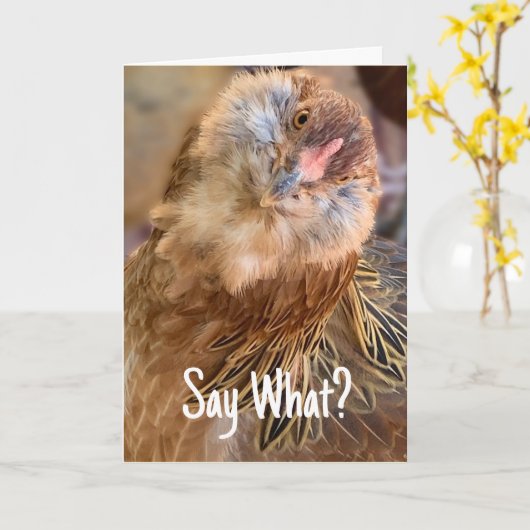Funny Tilted Head Hähnchen Nah-Up Foto Karte (Gelbe Blume)
