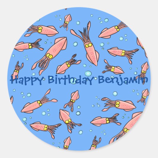 Funny Tintenfisch Schule mit Blasen Cartoon Runder Aufkleber (Vorderseite)