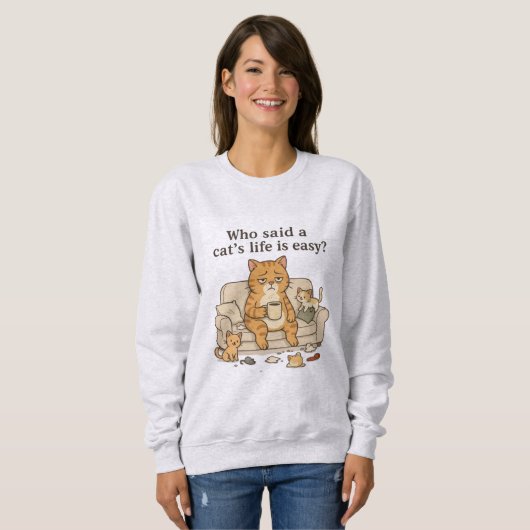 Funny Tired Cat Coffee Illustration Sweatshirt (Vorne ganz)
