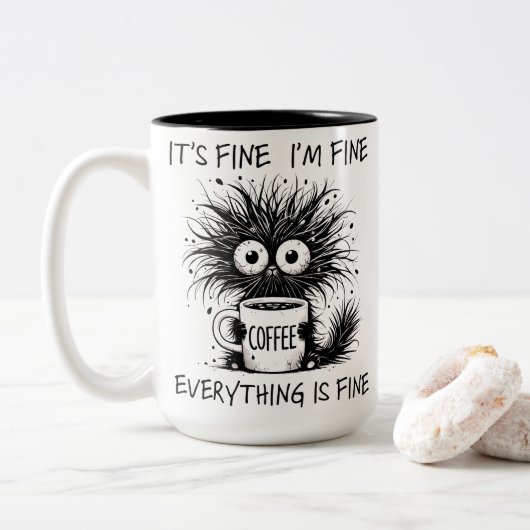 Funny Tired Coffee Monster Everything Fine Zweifarbige Tasse (Mit Donut)