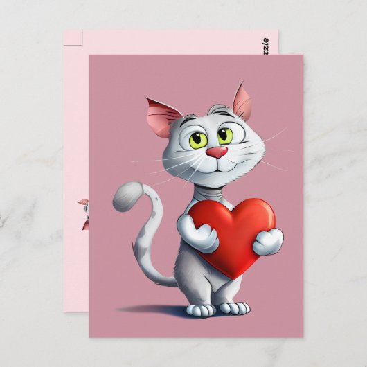 Funny Tomcat hält ein großes Herz Postkarte (Vorne/Hinten)