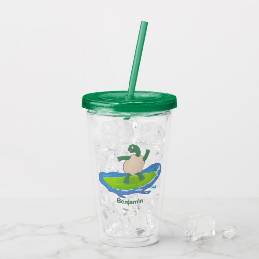 Funny tortoise wave surfing Cartoon Acryltrinkbecher (Rückseite Ice)