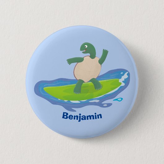 Funny tortoise wave surfing Cartoon Button (Vorderseite)