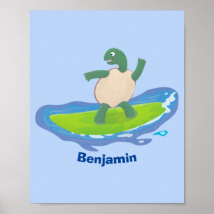 Funny tortoise wave surfing Cartoon Poster