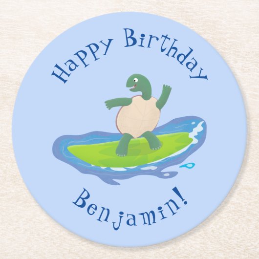 Funny tortoise wave surfing Cartoon Runder Pappuntersetzer (Vorderseite)